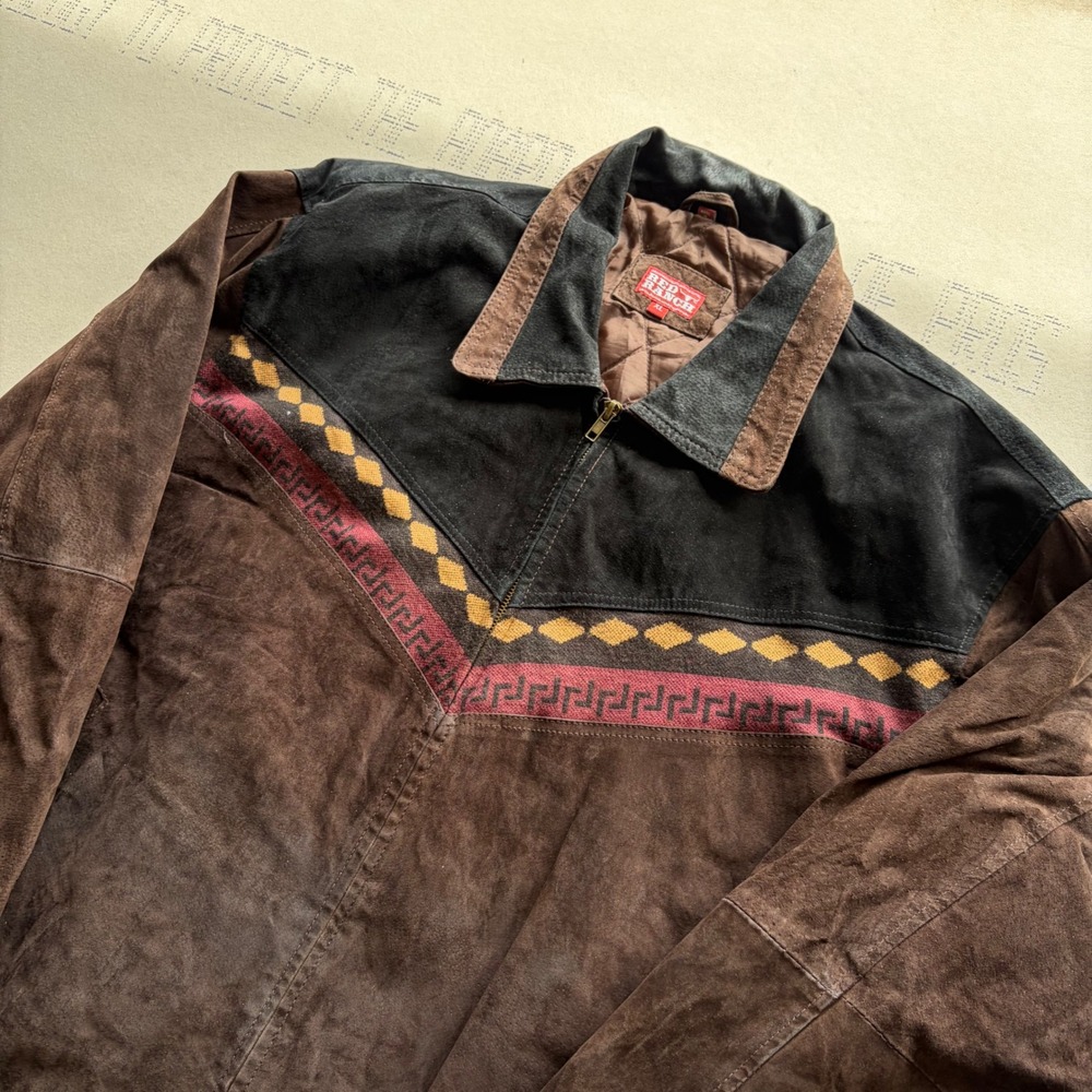 Vintage 90s Aztec Red Ranch Suede Western Bomber Jacket